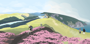 graphic of walkers and cyclists in a coatsl landscape wth a hostel on the hilside