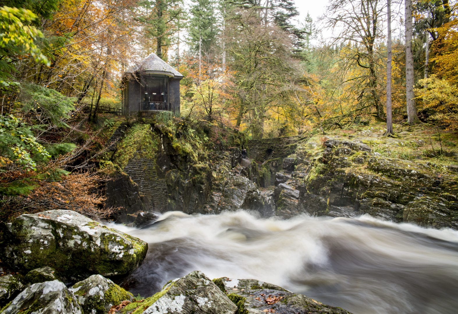 Ossian Hall overlooking The Black Linn Falls at Dunkeld Hermitage