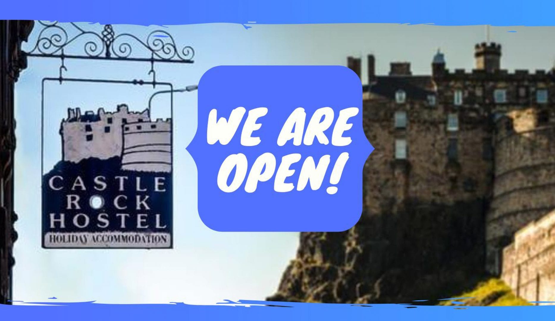 castle rock hostel with open sign