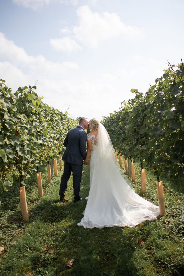 A man and a woman in a suit and wedding dress kiss each other in a vineyard