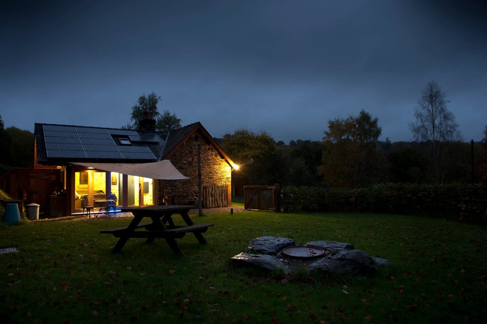 River Cabin at night