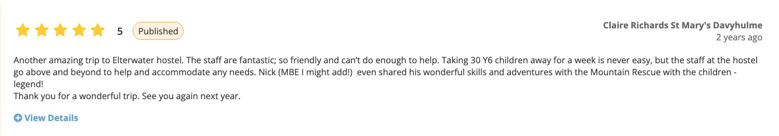 school review text about elterwater hostel