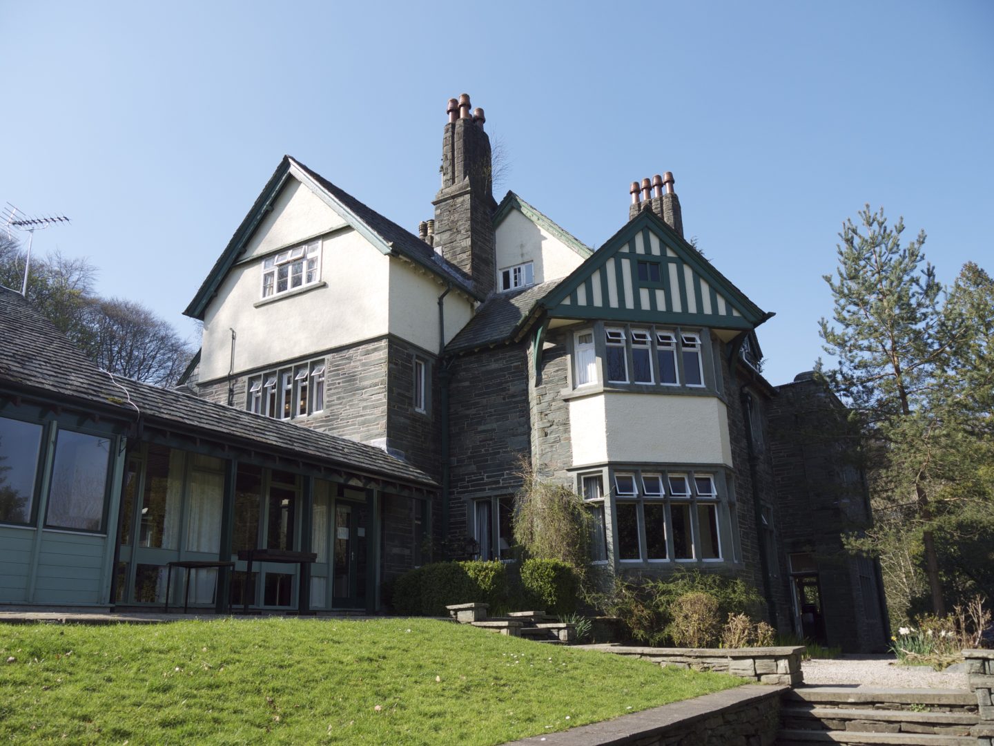 Exterior view of the mock tudor country mansion