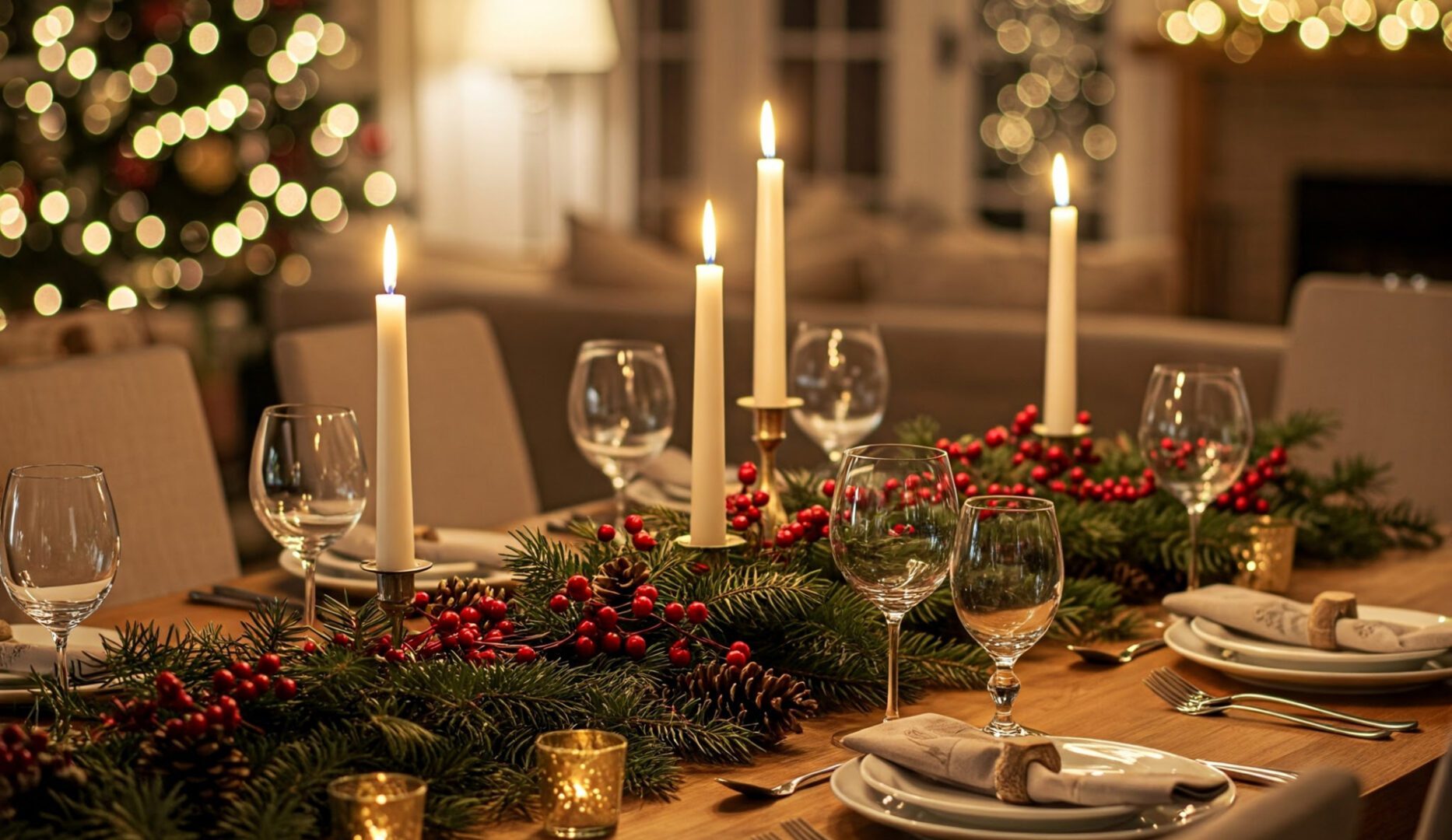 Table laid for Christmas meal with candels and glasses on a large table in a hostel