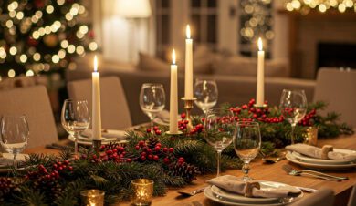Table laid for Christmas meal with candels and glasses on a large table in a hostel