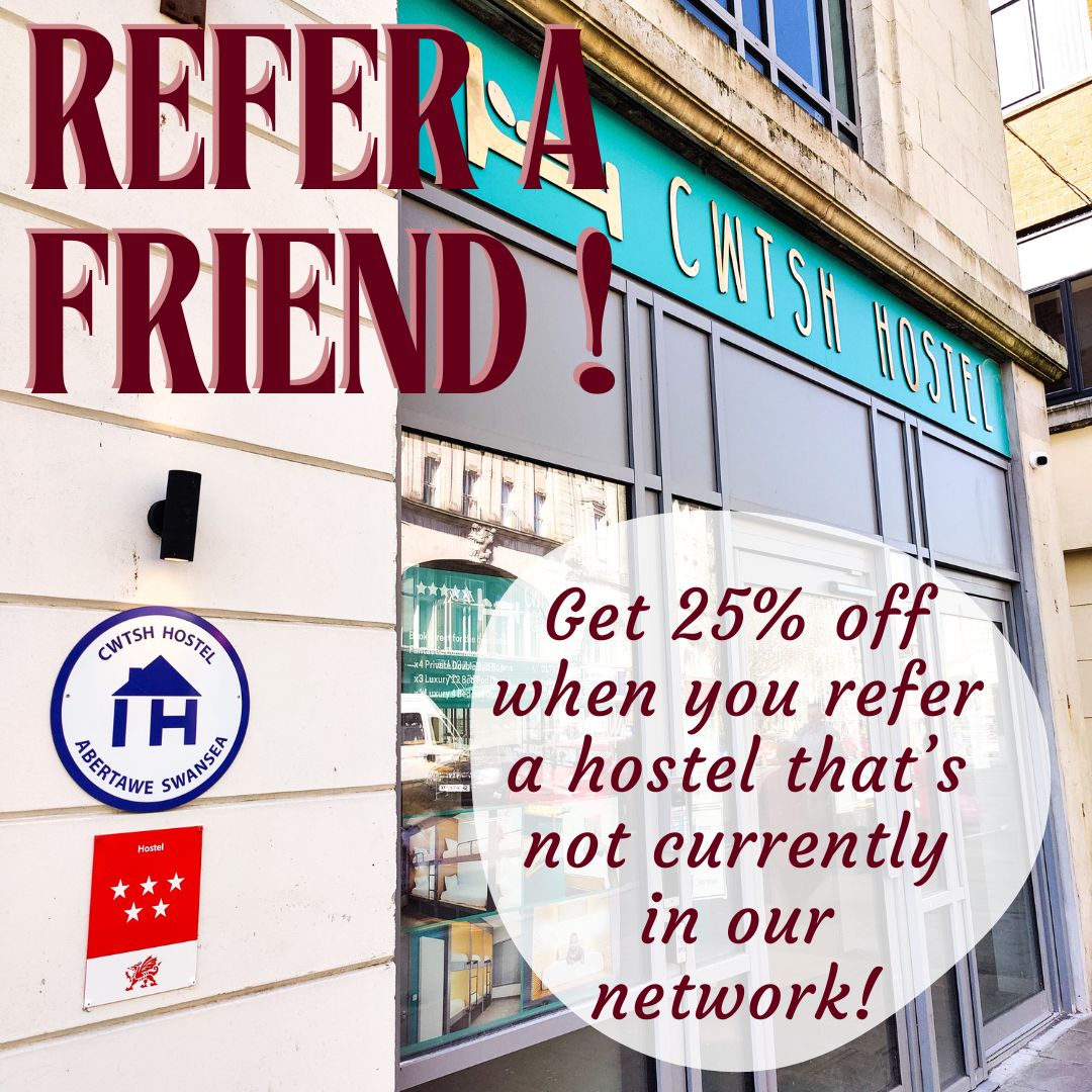 Graphic with hostel, IHUK logo and the text Refer a Freind