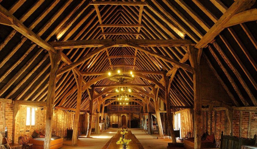 Interior of tudor barn showing all the fantastic beams