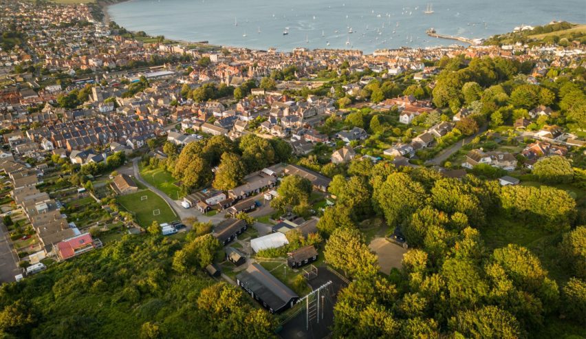 Aerial shot of the centre with the town and the sea beyond