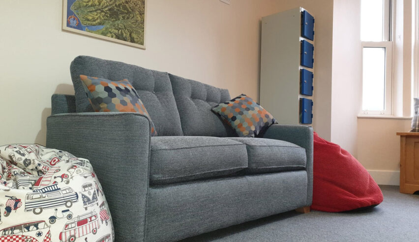 compy sofa at CEllb hostel housed in Blaenau Ffestiniog's former police station