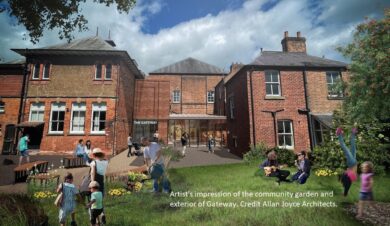 Ashbourne Gateway Lodge -artists impression showing people outside lodge