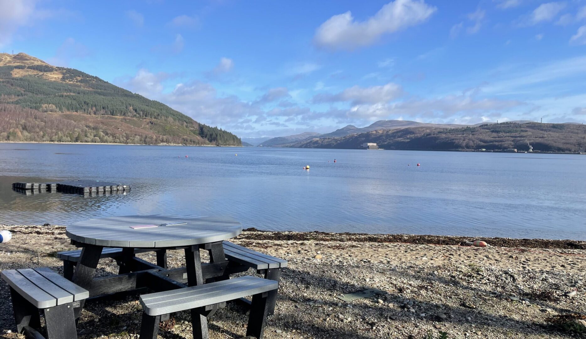bench on beach at Ardentinny Outdoor Centre
