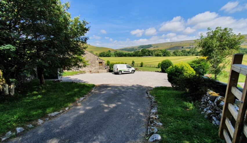 parking at Skirfare Barn, Kettlewell Rd, Kilnsey with white van and views