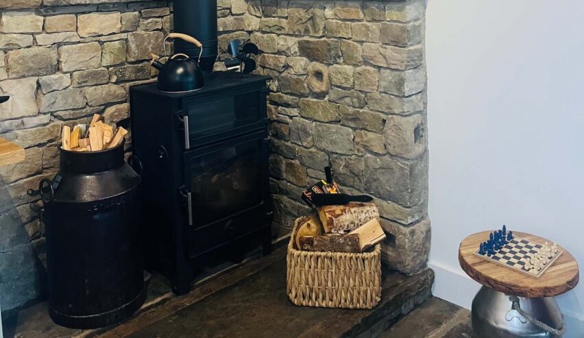 Log burner with oven at Aysgill camping Barn