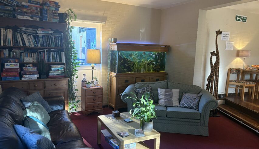 comfy lounge with fishtank and library at alston hostel
