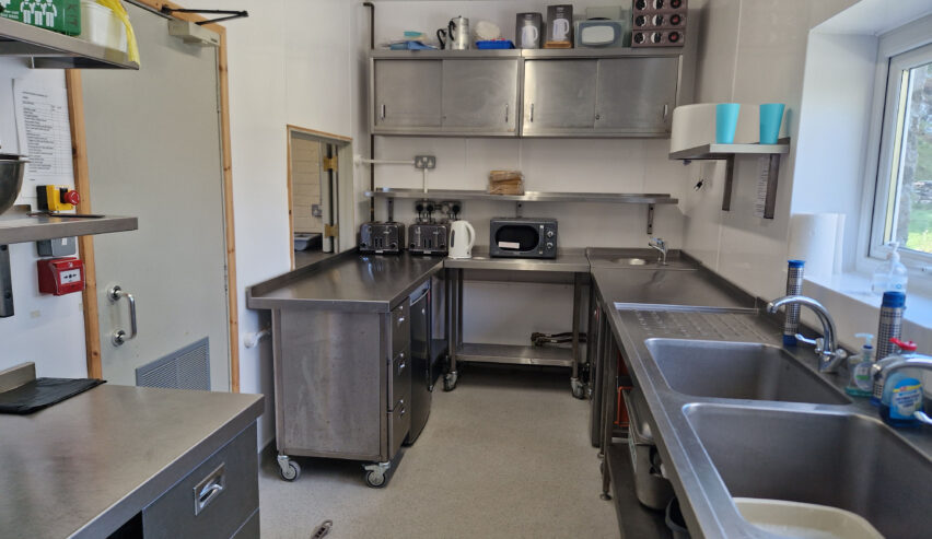 kitchen at yr hafod hostel showing stainless steel units