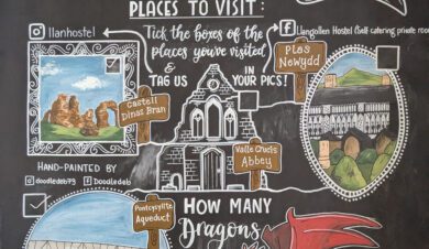 chalk board at llangollen hostel telling you about the area