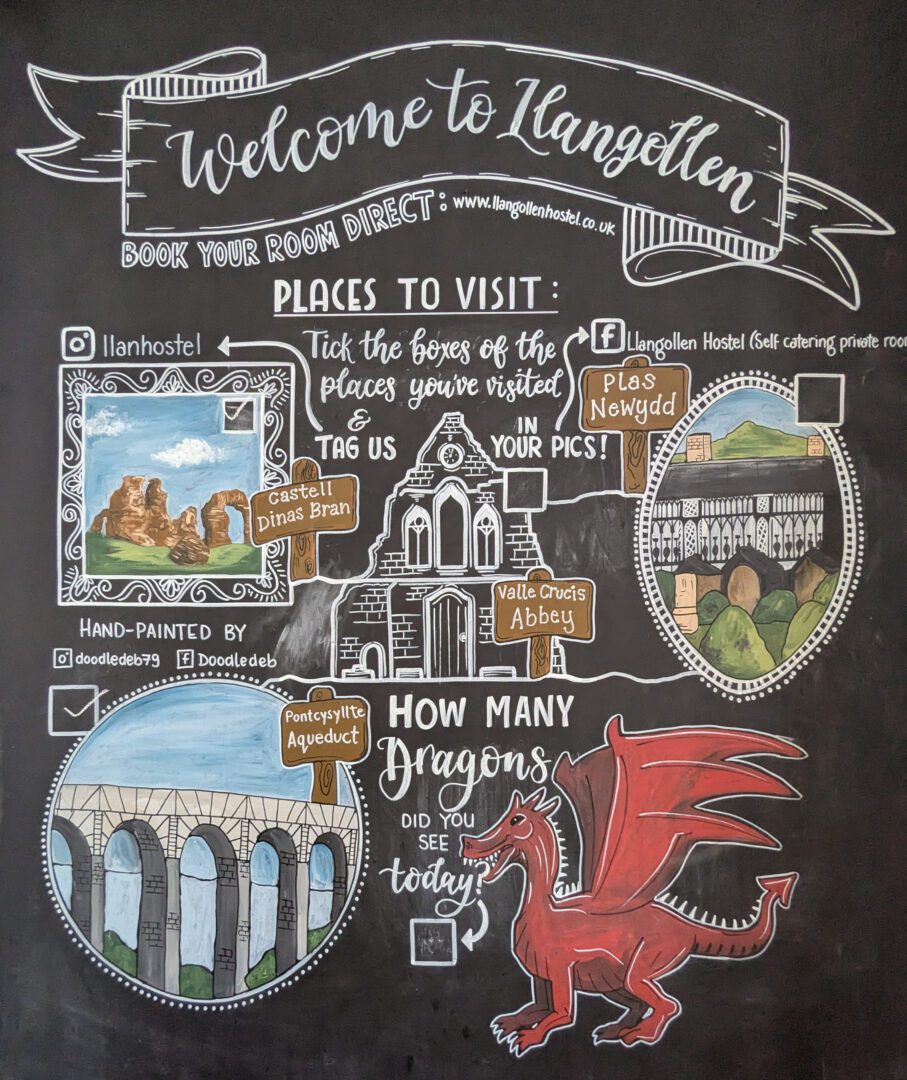 chalk board at llangollen hostel telling you about the area