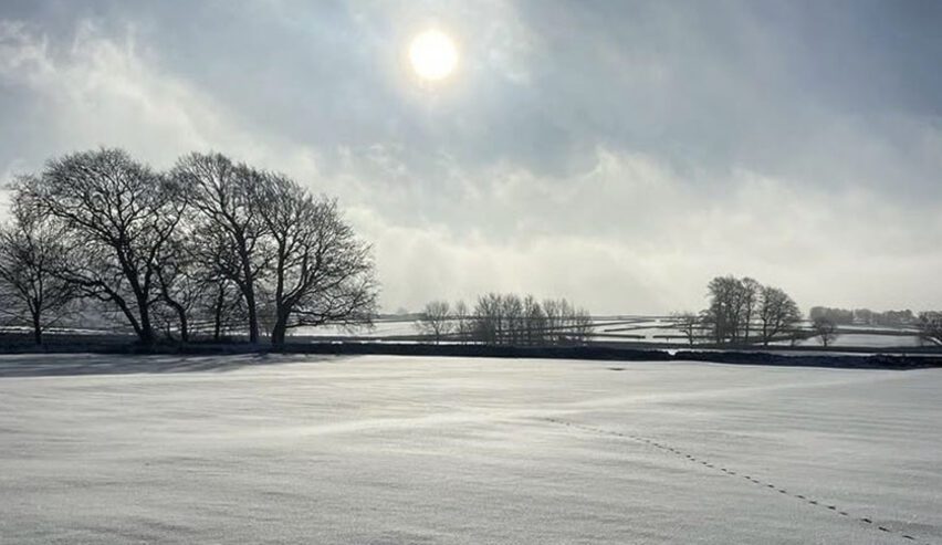 snowy screen showing fields, walls and footprints near the nightingale centre in great hucklow