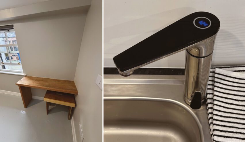 tap and bench in washroom of Hopetoun Bothy