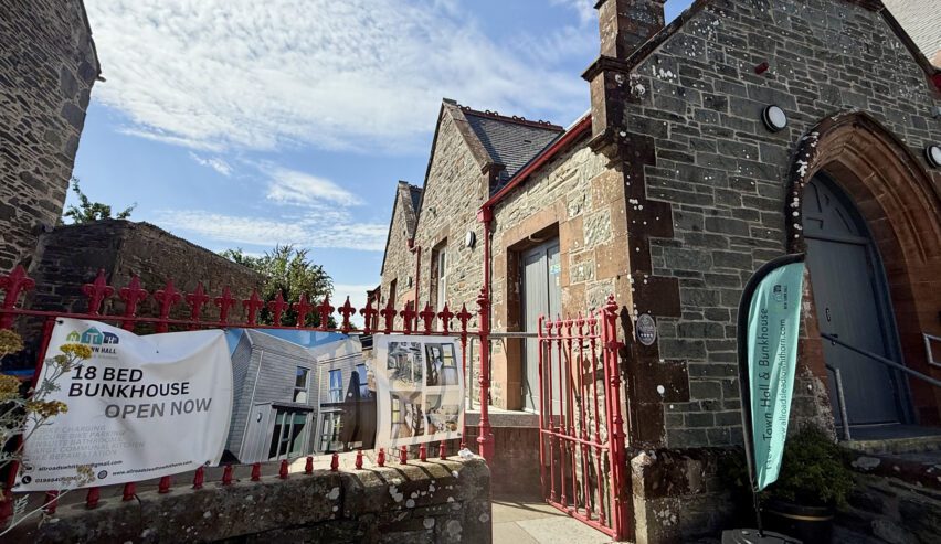 new town village hall showing bunkhouse sign at whithorn