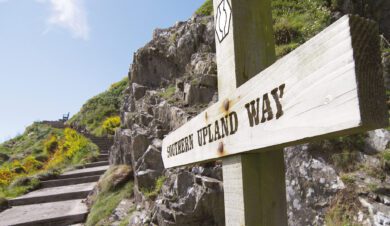 footpath with steps grass and countryseide and a sign saying Southern Upland Way