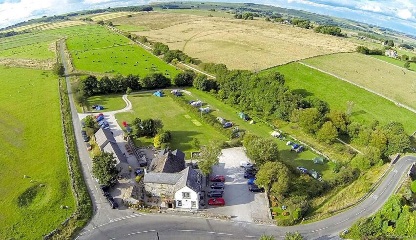 arial view showing campsit pub and bunkbard at royal oak bunkbarn