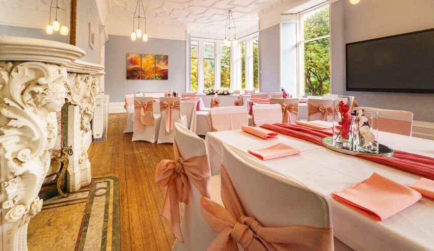 dining room set for a wedding at Benmore House