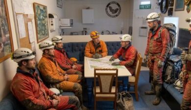 cavers in the common room at south dartmoor bunkhouse caving hut