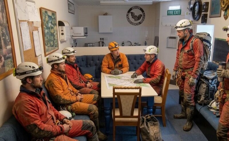 cavers in the common room at south dartmoor bunkhouse caving hut