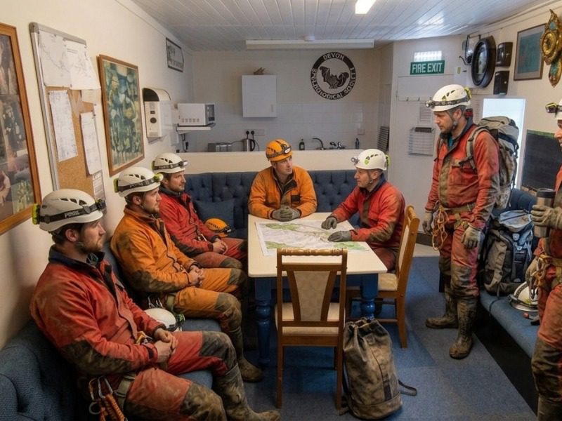 cavers in the common room at south dartmoor bunkhouse caving hut