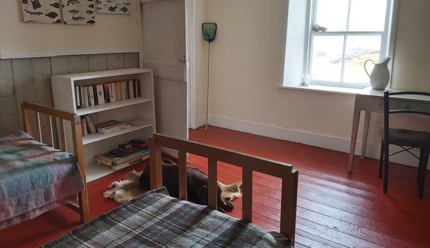 beds and dog at bothy and loch fire and kitchen bearnus bothy on the isle of ulva