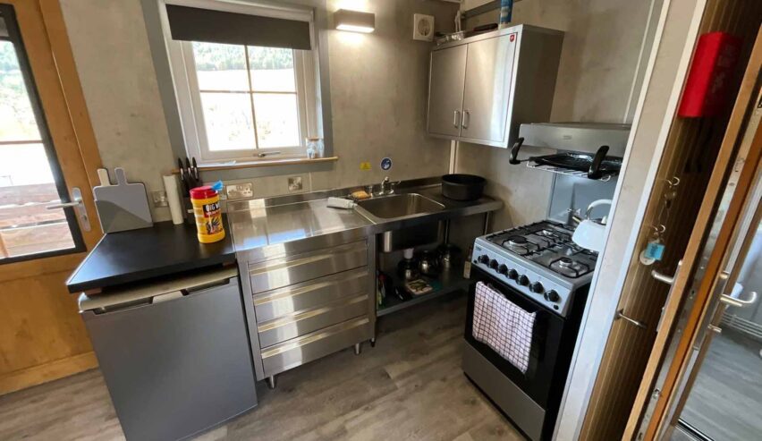 stainless stelle self catering kitchen in the Wriggly tin cafe and Southern Upland Way bunkhouse