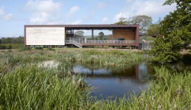 exterior view of FSC Margam Discovery Centre wih lake