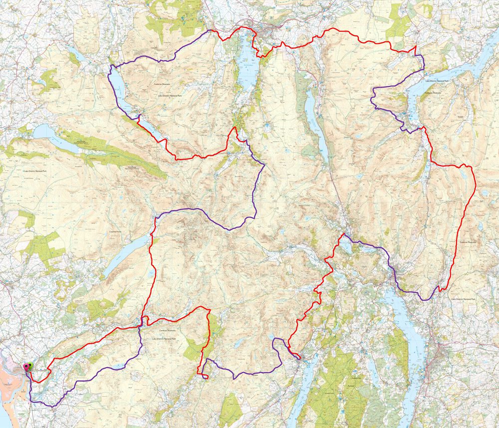 map showing the route of the lakeland way