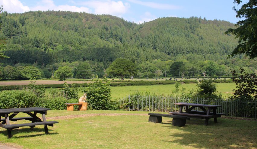 view from Rhyd-y-creuau Field Centre showing picnic benches