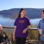 backpackers at Lochside Hostel with a view of lochness behind them