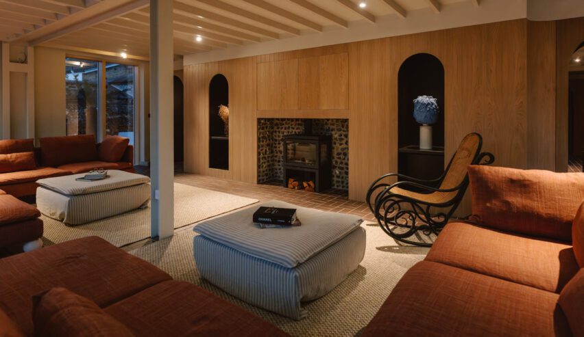 lounge with log burner at arc next the sea